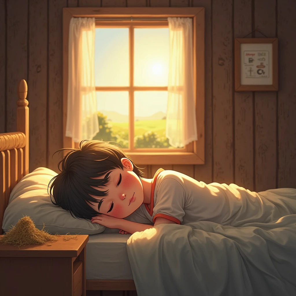  cute of , cute clothes, waking up in bed, window with sunrise, during the day, cozy room, photorrealistic, 4K, high qualiy