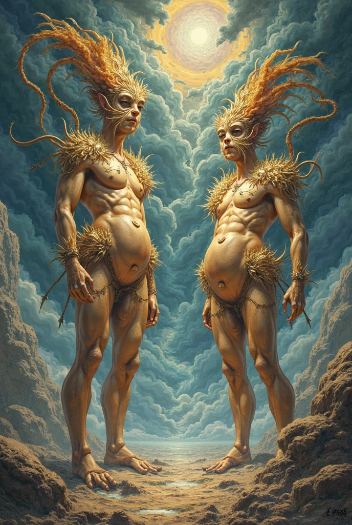 Create a mythological illustration that represents the beginning of the world with some primordial beings. Firstly, Chaos, an abstract entity of disorder and emptiness. Next, Gaia, the earth, represented as a majestic and fertile female figure. Finally, Eros, love, as a graceful and luminous entity. Show Gaia giving birth to Ouranos, the sky, and together, they create the Titans. Include Ouranos locking his children deep within the earth and Gaia, tired of imprisoning her descendants, creating a great scythe and passing it on to her son Kronos. The image must be rich in detail, with an epic and dramatic tone