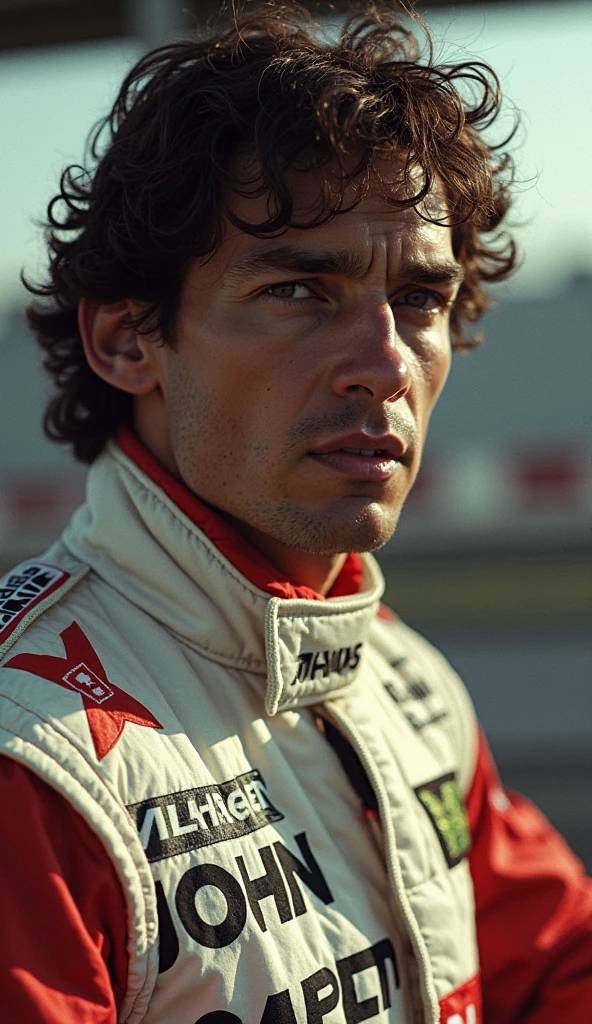 Airton Senna sexy shirtless and in white underwear and seducing with his finger in his mouth on top of a Formula 1 car

