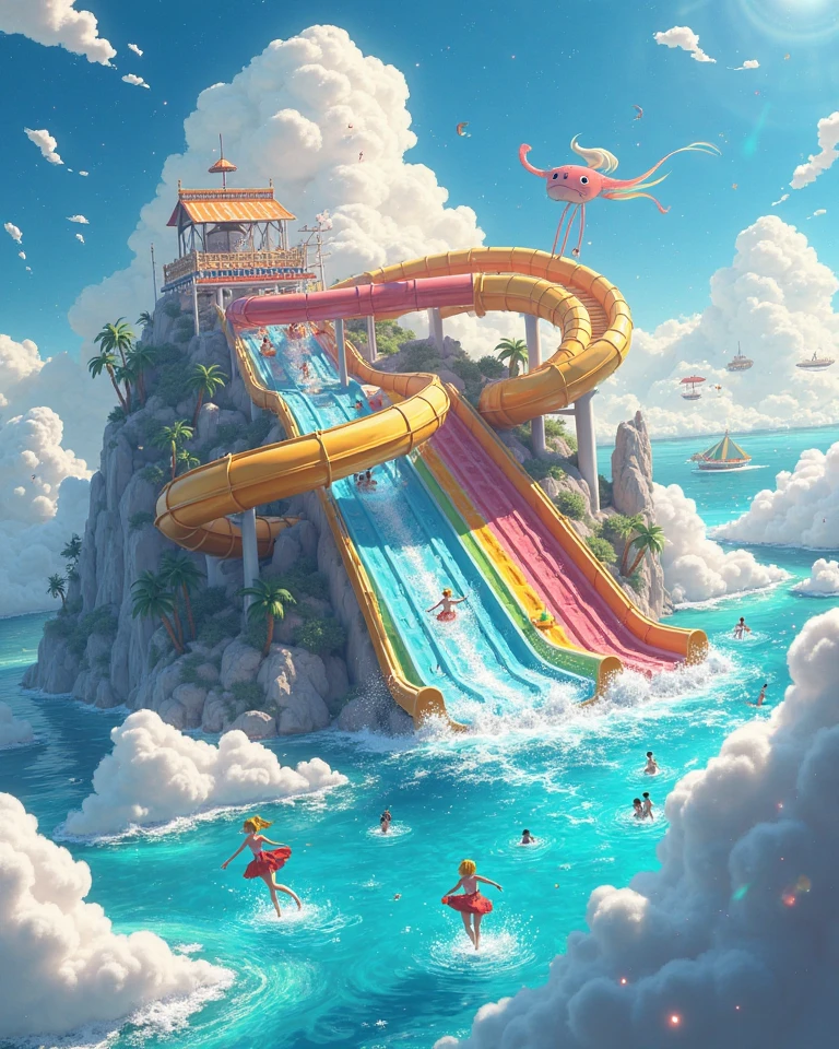 score_9, score_8_up, score_7_up, source_anime,masterpiece, best quality, high resolution, extremely detailed CG, absurdres, highres, A dreamy water park, all the buildings are made of ice-cream, ice cream castle, colorful, girl in swimsuit is sliding down the water slide, happy, neondskdrmsxl, babycreamxl