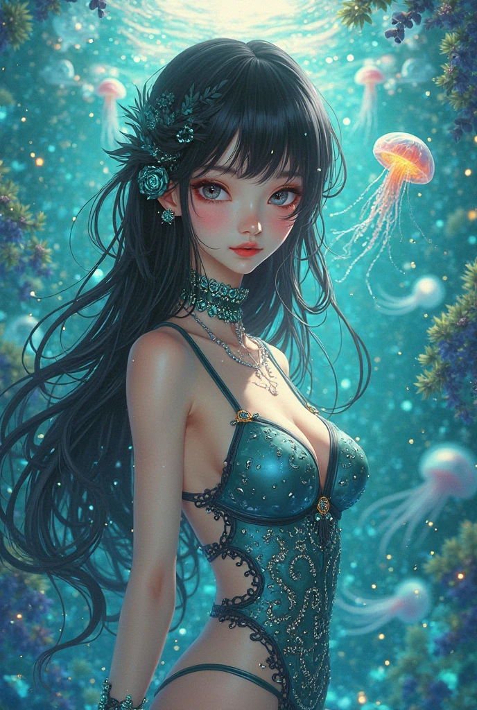 NSFW, (8k, RAW photo, 最high quality, masterpiece:1.2), High-definition RAW color photo, Professional photo shoot, cinematic light, alone, (((young woman))), (detailed expression), (small face), (high detail skin:1.2), clavicle, cute face, beautiful appearance, long eyelashes, (silver hair, long wavy hair, blue eyes), ((blue ribbon, blue glowing earrings)), attractive , (slim body shape:1.4, A woman with a slender figure and big breastsailed顔と肌の質感, fine eyes, double eyelid, (((embarrassing:1.5, anxious look))), ((facing the front:1.2)), (Low - Angle:1.5, photo shootのためポーズをとる, sexy pose)), (underwatphotography:1.5), pleasure and excitement, sweating:1.37, ((sexy shot, Jellyfish cost with delicate decorations, See-through jellyfish dress:1.1, sexy jellyfish:1.9)), ((sexyrl:1.1)), (underwater efts:1.5, Underwater background, Swimming:1.2), (((beautiful glowing jellyfish:1.2))), beautiful skin, shiny skin, perfect fingers, five fingers, anatomically correct, background bokeh, high quality, surreal, bright colors, ((f/1.2, Nikon, 300mm, lens flare, very detailed, photo shoot)),