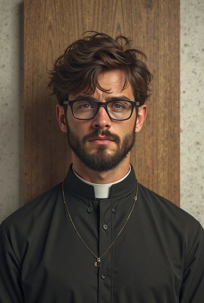 a close up of a man in a black shirt and tie, an evil catholic priest, picture of a male cleric, catholic, wearing cross on robe, priest, christian saint, orthodox saint, wearing robes and neckties, wearing collar on neck, religious robes, wearing black rimmed glasses, shutterstock, man with glasses, profile photo, dressed like a cleric