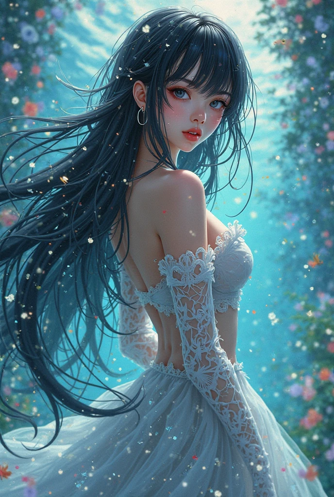 "((fantasy art)) featuring an alien girl, immersed in a heavenly symphony, clouds turn into bright splashes, flowers are scattered, like notes in the wind, visual orchestration of color and wonder"