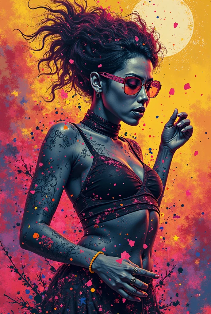 a painting of a sexy afro woman, nude, attractive, (25 years old), beautiful face, ((turn around and look back)), on a geometric background with square and rectangles, abstract, colorful, a bit blurry, Graffiti por Carne Griffiths, Behance, grafity, chromatic, Artwork, cores vibrantes