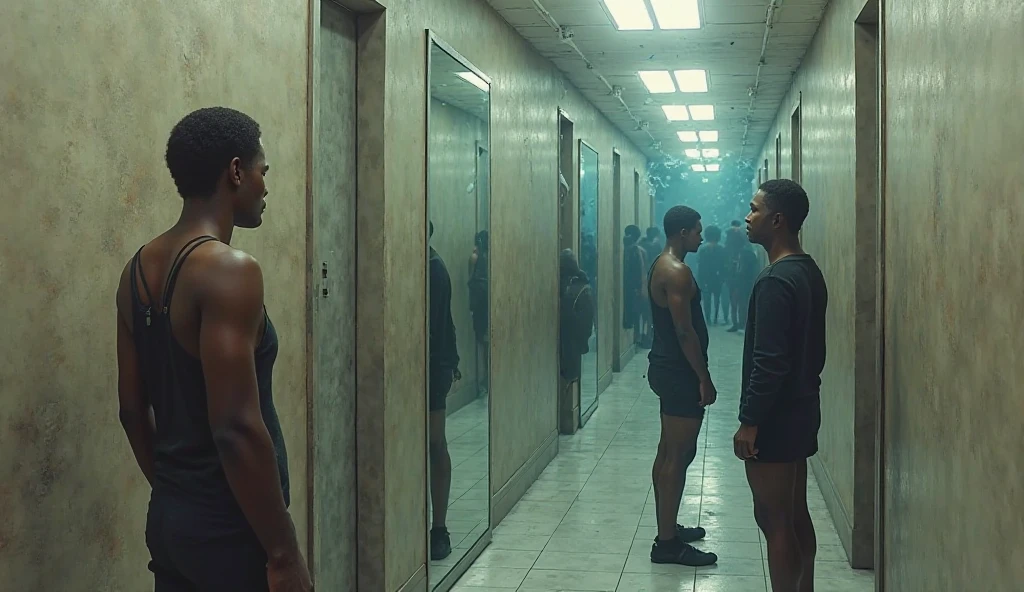 A young, muscular mixed-race gas station attendant stands in front of the bathroom mirror, with red sweatpants pulled down to the knee and black boots, looking at your white underwear.
