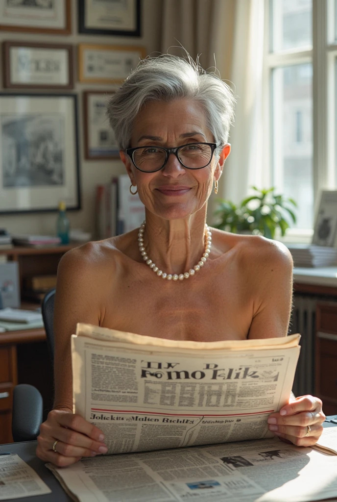 a mature 55 years old woman, Milf, beautiful face, curly short brown hair, visible nipple, glasses, curvy body, wrinkles, aged, necklace, crowded papers room, closeup, barren land, round breasts, breasts about to burst of her clothing, full body, high heels, curvy body, long and loose floral dress, ultra-detailed skin, age marks and wrinkles