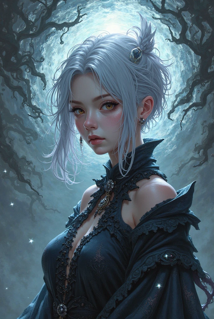 Witch, silver hair, purple eyes, big ass, nsfw