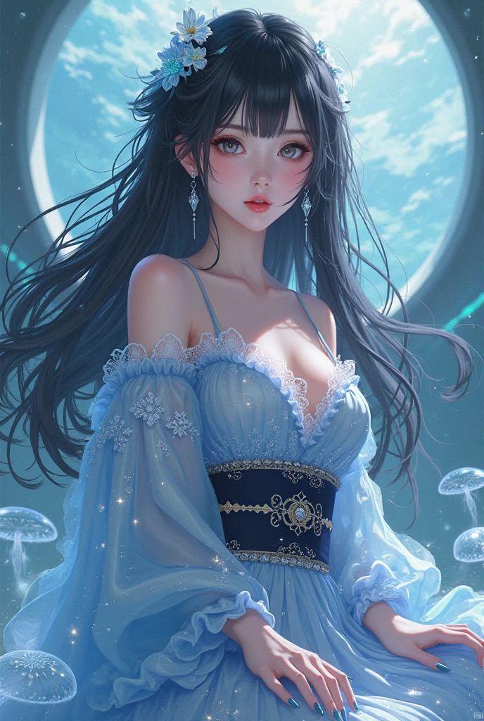 sexy girl, from the waist up, 1girl, adult, long iridescent long hair, rainbow colors,beautiful detailed eyes, symmetrical eyes, caucasian, collarbone, both hands up, armpits, iridescent horns, good posture, detailed white goth transparent dress with black decorations and shoulder straps, (very detailed background, highly detailed background), symmetrical, octane render, 35mm, bokeh, 9:16, (intricate details:1.12), (intricate details, hyperdetailed:1.15), (soft light, sharp:1.2), detailed, (backlighting), Succubus demon, (masterpiece, top quality, best quality, official art, beautiful and aesthetic:1.2), extremely detailed, colorful, highest detailed, clean facial features, upper body, (detailed light), (an extremely delicate and beautiful), a girl, cute & girly, upper body, two legs, sexy clothes inspired by clear bubbles, (beautiful detailed eyes), stars in the eyes, (((lots of big colorful Bubbles))), Iridescence, depth of field, bubbles around, flat color, vector art, negative space Alexander Jansson fantasy, (masterpiece, best quality, Succubus body), detailed background, high contrast