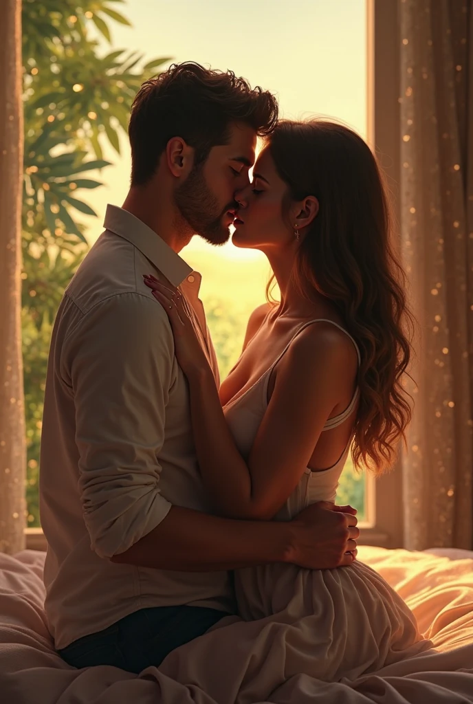 Beutiful woman,long curly hair, sitting on bed, handsome boy,kiss beutiful woman, sitting on bed,
