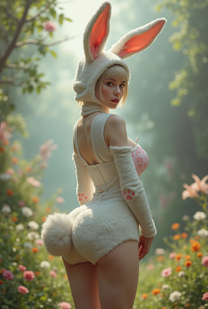 (nsfw:1.3),(ultra Detail, 8k, beautiful, top quality:1.2), well-defined face line and cute, large eyes, accentuating her radiant white skin. disproportionately large breasts and rounded buttocks, exuding a sculptural beauty. (Fluffy faux fur bikini:1.2), (bunny ears:1.3), (bunny tail:1.3), (Easter celebration:1.2), (arrival of spring:1.4), (Easter eggs:1.3), (atmosphere with white as the main theme:1.2), (graceful curves:1.4), (immersing in a festive mood:1.3), (enchanted by the beauty of the season:1.2), (dancing with the colors of spring:1.3), (evoking a sense of joy and happiness:1.2), (inspiring with its playful charm:1.4), (middle breasts:1.4), (from below:1.4) , (appearance from behind:1.4)