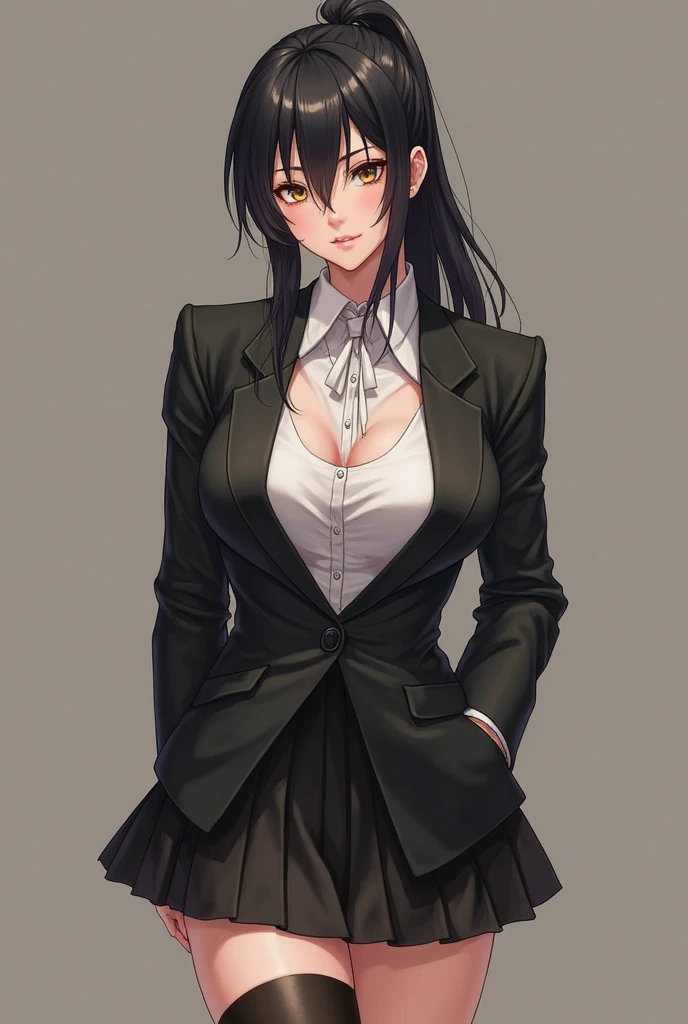<lora:Kyoko_LoHa_LeaderThree_v1:1>,
HazukiKyokoLT, sugina miki style, yellow ribbon, black eyes, black hair, low ponytail, hair between eyes, bangs, collarbone, pencil skirt, cleavage, large breasts,
bartender, collared shirt, vest, bar /(place/)