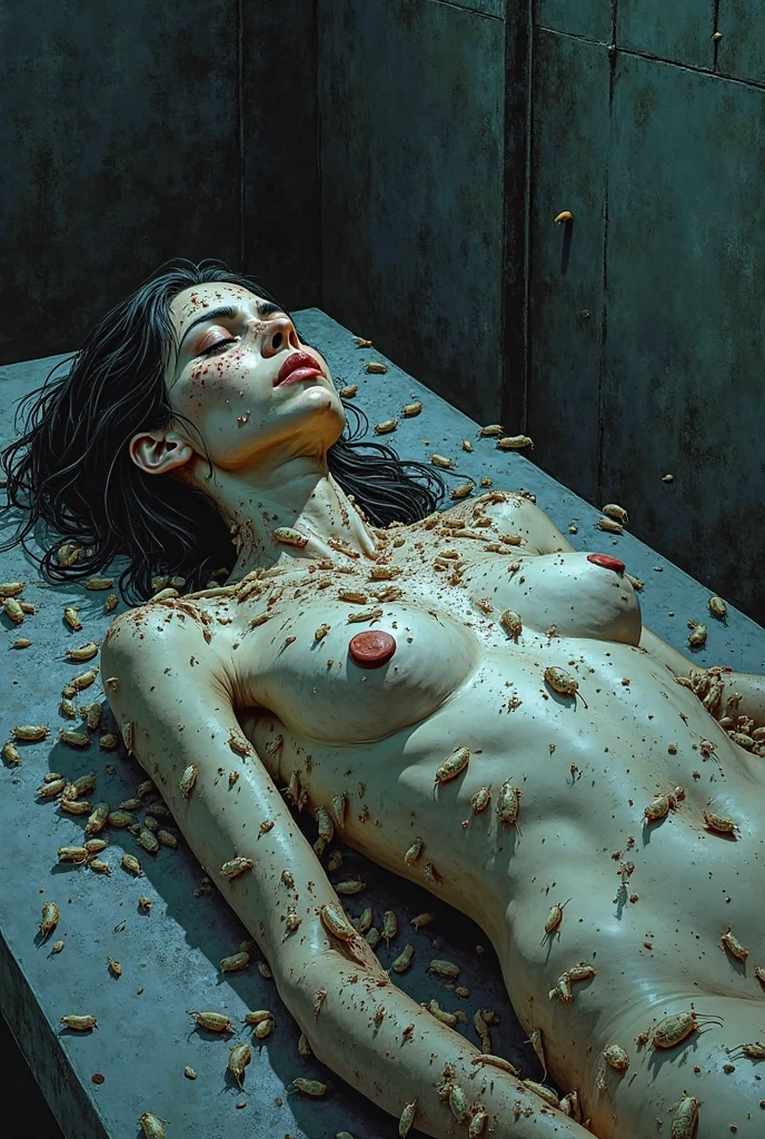 Woman with black hair, long hair, in a fetal pose, with wounds on her body, a lot of blood, blood and face, closed eyes, athletic body, explicit nude, full nude, top-less, visible vulva, inert arms, full body, low light environment, floating in space, top down shot.
