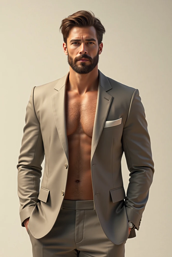 a close up of a man with a beard and a suit jacket, homem muito atraente com barba, Modelo, Pose Eleante, foto realista, foto de corpo inteiro