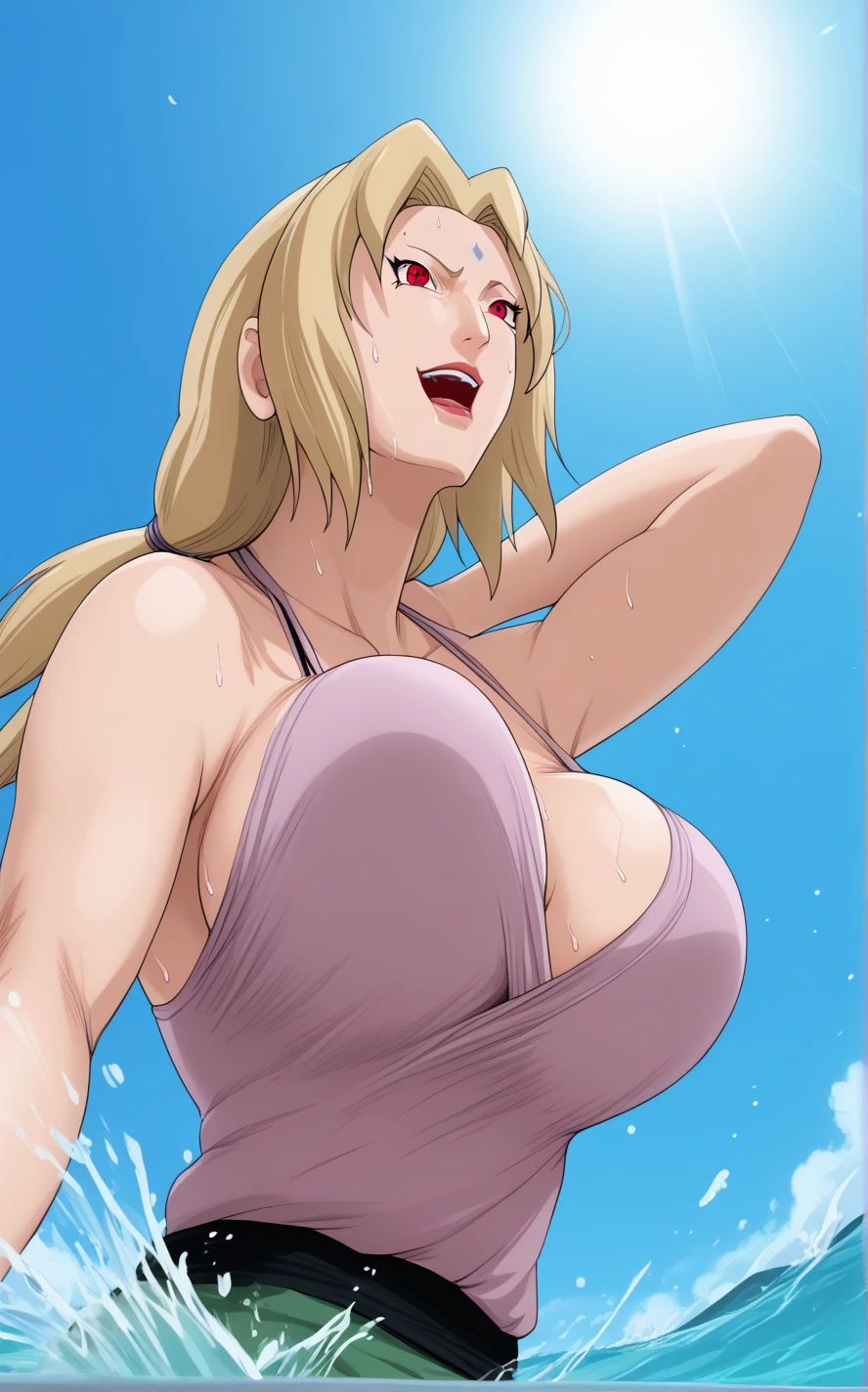 marissathomas, <lora:marissa thomas anime s1-lora-nochekaiser:1>,
marissa thomas, long hair, blonde hair, cleavage, (purple eyes:1.1), ponytail,
BREAK cleavage, pants, tank top, leggings, collarbone, earrings,
BREAK outdoors, beach,
BREAK looking at viewer,
BREAK <lyco:GoodHands-beta2:1>, (masterpiece:1.2), best quality, high resolution, unity 8k wallpaper, (illustration:0.8), (beautiful detailed eyes:1.6), extremely detailed face, perfect lighting, extremely detailed CG, (perfect hands, perfect anatomy),