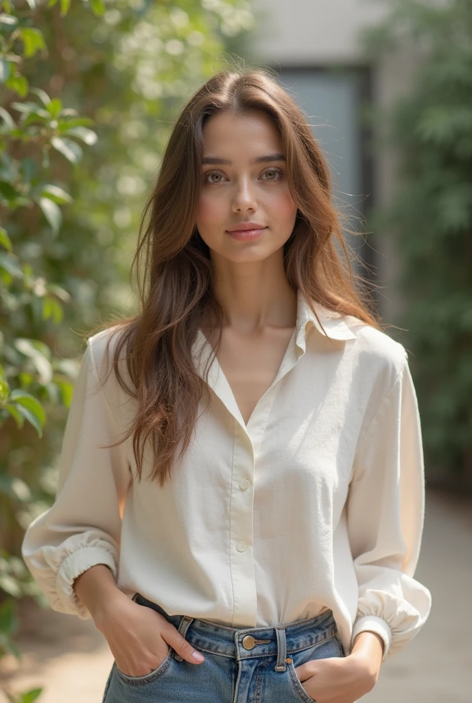 influencer style, photorealistic image, beautiful girl, 26 years old, brown hair, front locks of hair slightly lighter, light brown eyes, classy, 4k, high resolution, high quality, dimples, small wrinkles to look like a real person, white skin, french-german, natural photo, iphone selfie, discrete smile, in the street, watching the vitrine of a store, dressed nicely