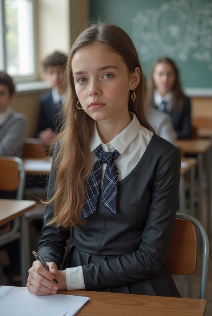 13 year old Zoey Deutch, (long hair: 1.3), glasses, wild makeup, t-shirt, jacket, tights, classroom, school, mid-thigh photo, cherry blossom trees