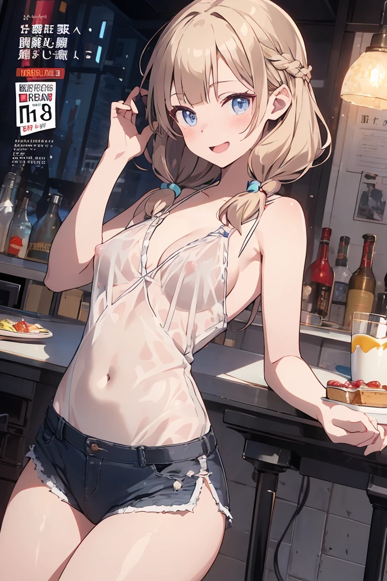 (masterpiece, Best Quality, ultra-detailed, high resolution, extremely detailed CG, official art, Professional Lighting, Perfect Anatomy), (from below), looking at viewer, cowboy shot, perfect body, 24yo beautiful 1girl, delicate beautiful face, Bright magenta eyes, cute eyes, sparkling eyes, (perky chest:1.1), (pointed chest:1.3), medium hips, glamorous body,a small face,beautiful-makeup,Makeup light,Shortcut Hair,dark brown hair, Amazing Cleavage:1.2,Raised sexy, small breast: 1.2 ,posed cleavage:1.2, bare legs, nail_polish, Waiting friend, (at morning:1.5), tokyo, (convenience store:1.3), outdoor, (depth of field:1.3), contrapposto, (Hold a coffee in your hand:1.3), looking at viewer,(double breasted:1.1,under bust:1.2), gap between buttons,(((Extremely short mini skirt,))) seductive weak smiling,(with sparkling eyes and a contagious smile),open mouth, Looking at Viewer,