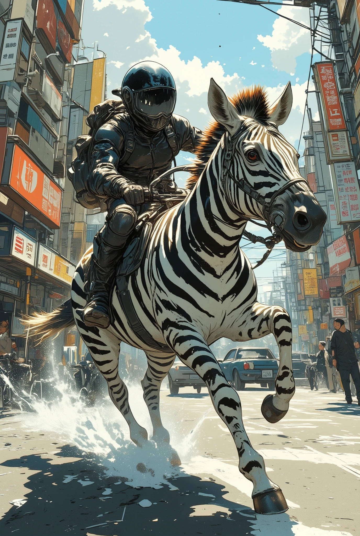 a surreal urban scene of a person riding a zebra at full speed down a city street, wearing a full-face motorcycle helmet and a black riding suit, gripping the zebra's reins like motorcycle handlebars, the zebra galloping in motion blur, passing cars and bicycles on the road, pedestrians turning to look in surprise, dynamic sunlight casting long shadows, shop signs and power lines in the background, pavement reflecting light, slightly tilted composition like a candid smartphone shot, realistic and cinematic, Shot on iPhone aesthetic, aidmamj6.1