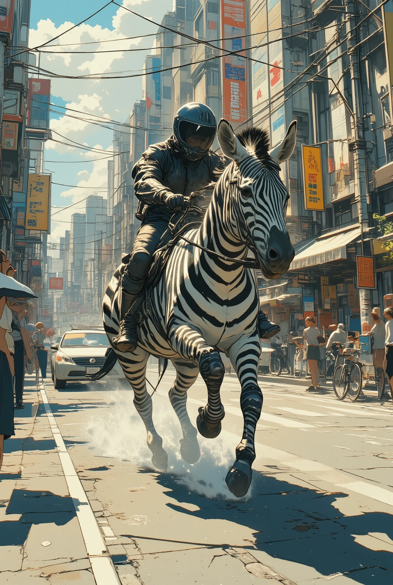 a surreal urban scene of a person riding a zebra at full speed down a city street, wearing a full-face motorcycle helmet and a black riding suit, gripping the zebra's reins like motorcycle handlebars, the zebra galloping in motion blur, passing cars and bicycles on the road, pedestrians turning to look in surprise, dynamic sunlight casting long shadows, shop signs and power lines in the background, pavement reflecting light, slightly tilted composition like a candid smartphone shot, realistic and cinematic, Shot on iPhone aesthetic, aidmamj6.1