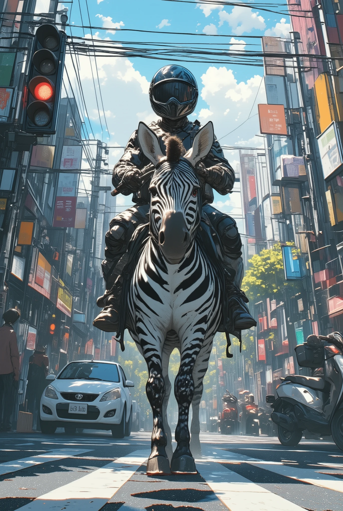 a surreal urban street scene with a person wearing a full-face motorcycle helmet and riding gear, sitting astride a zebra at a traffic light as if riding a motorbike, the zebra is calmly standing at the stop line, next to cars and scooters, the rider holds the reins like handlebars, traffic light glowing red, surrounding city elements like power lines, asphalt reflections, and storefronts visible, natural lighting with shadows, slightly tilted composition like a spontaneous smartphone snapshot, realistic and cinematic style, Shot on iPhone aesthetic, aidmamj6.1