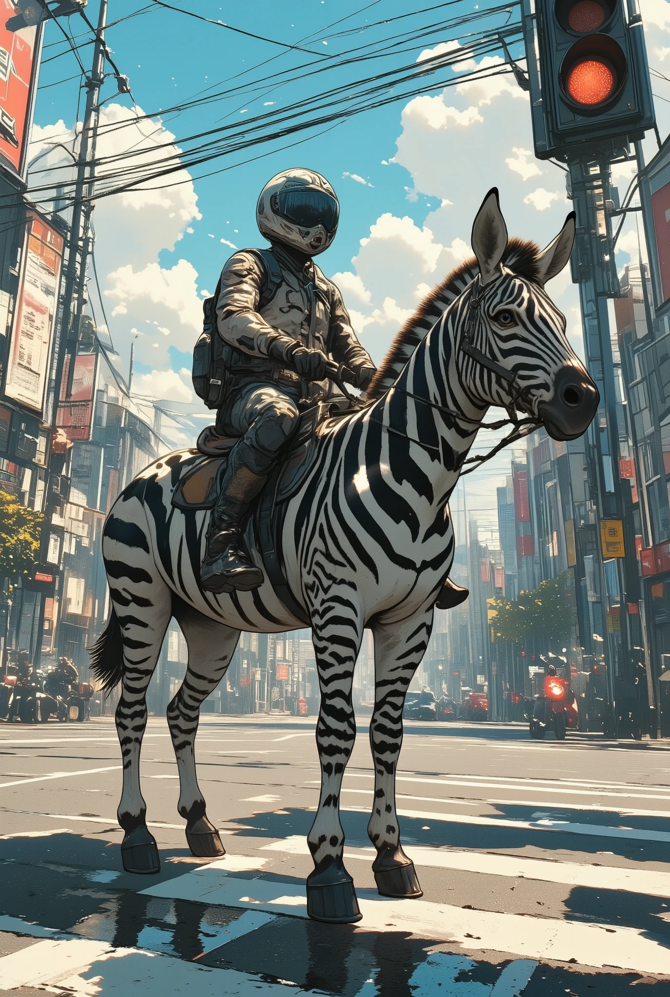 a surreal urban street scene with a person wearing a full-face motorcycle helmet and riding gear, sitting astride a zebra at a traffic light as if riding a motorbike, the zebra is calmly standing at the stop line, next to cars and scooters, the rider holds the reins like handlebars, traffic light glowing red, surrounding city elements like power lines, asphalt reflections, and storefronts visible, natural lighting with shadows, slightly tilted composition like a spontaneous smartphone snapshot, realistic and cinematic style, Shot on iPhone aesthetic, aidmamj6.1