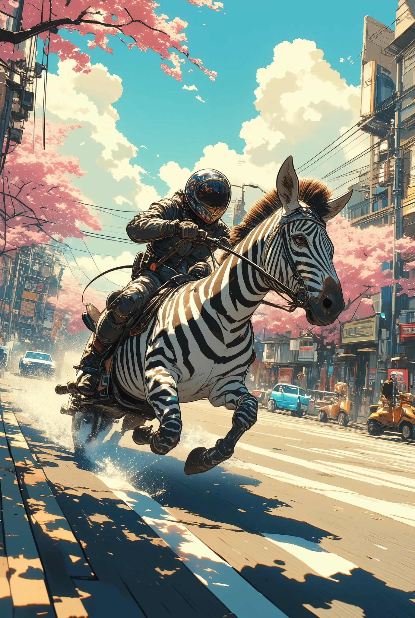 a surreal street scene of a person wearing a full-face motorcycle helmet and riding gear, riding a zebra down a city road at full speed like a motorcycle, the rider leans forward gripping the reins like handlebars, cars and scooters nearby looking surprised, the zebra's mane flowing in the wind, motion blur on the background and hooves to show speed, cherry blossom trees and power lines along the road, natural lighting with late afternoon sun, asphalt reflections and realistic textures, dynamic composition as if captured by a smartphone mid-action, cinematic and photorealistic, Shot on iPhone style, aidmamj6.1