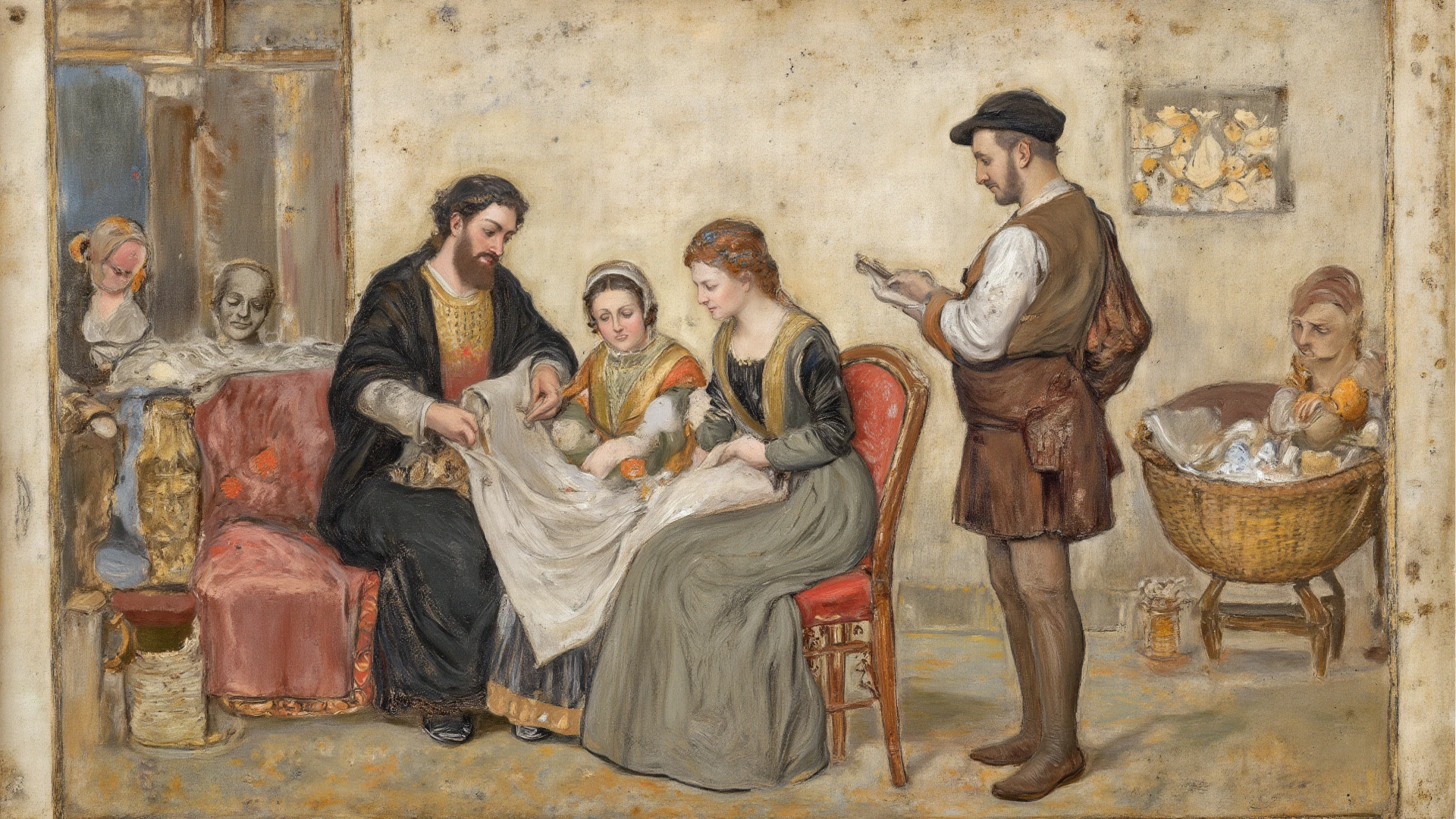 painting of a woman and man and a child in a barn, 1 9 th century scene, by David Wilkie, 1800s painting, 18th century art, by Johann Liss, by James Thomas Watts, victorian era painting, 1 8 3 0 s style painting, by Dirck de Bray, charles sillem lidderdale, by Johann Zoffany