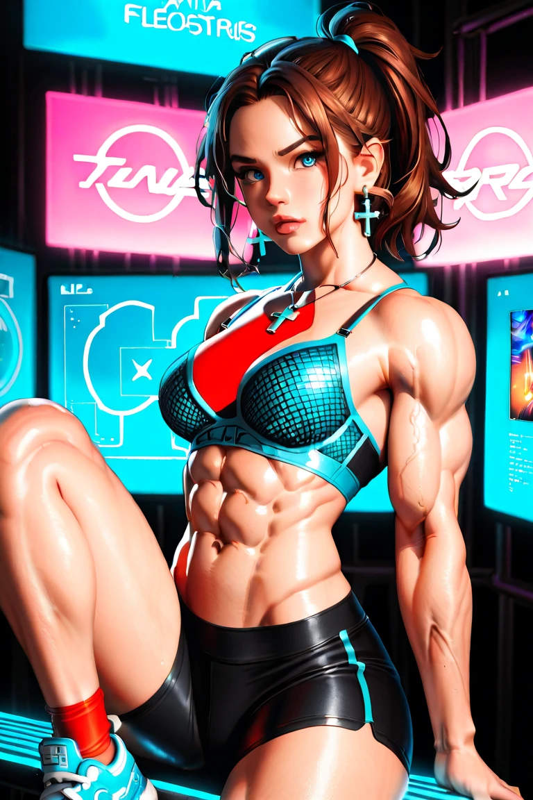 Stunning fit latina woman, defined muscle tone, short brown hair, hyperdetailed face, mischievous smile, gym clothing, hourglass body, big hips, small breast, long sensual legs, provocitave pose, digital painting, extreme detail, digital art, 4k, ultra hd, hyper detailed, hyper realistic, photorealistic, detailed, vibrant, sharp focus, character design, artgerm, kuvshinov, character design,