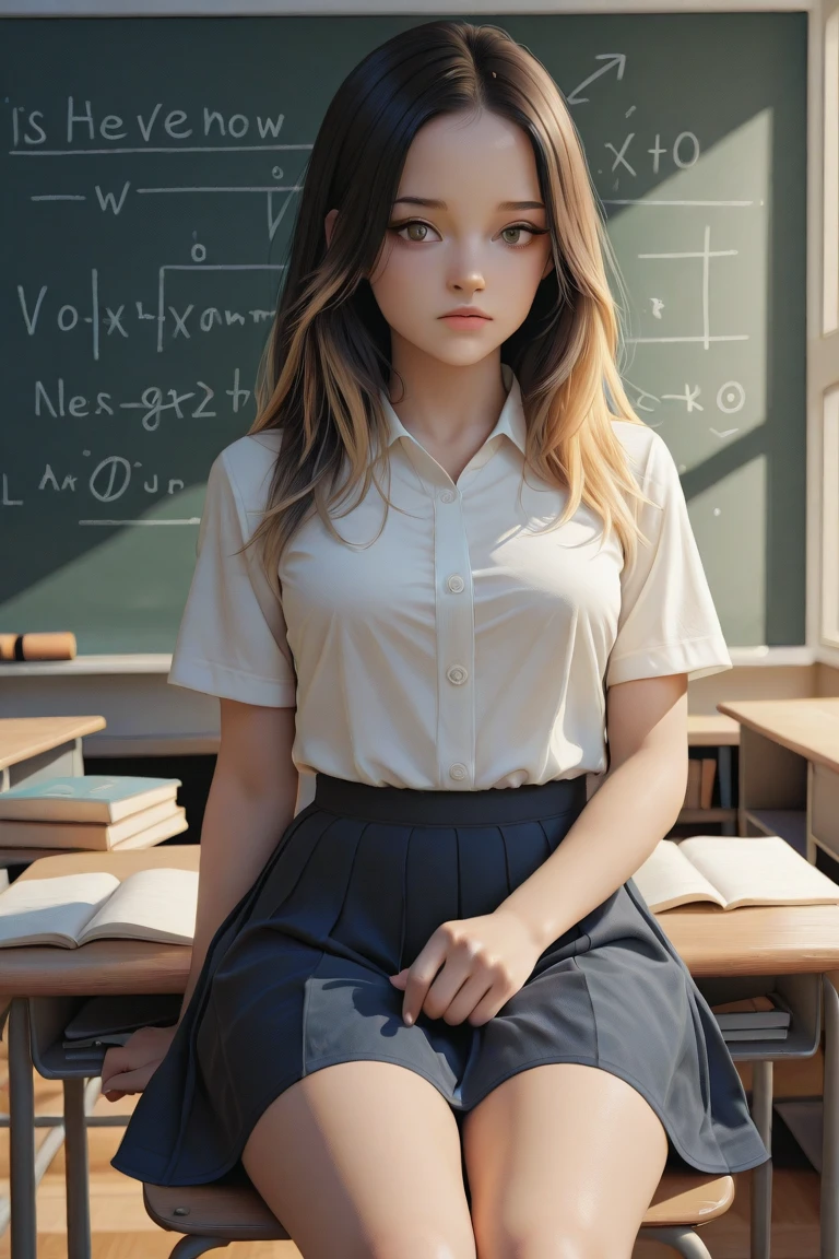 (masterpiece), best quality, expressive eyes, perfect face, 1girl, look at viewer, (16 years old woman), round glasses, big breast, ((cleavage)), small waist, blue eyes, long hair, nsfw, sexy v-neck uniform, photorealistic, cinematic lighting, ((youthful, innocent expression)), ((casual posture)), ((beautiful hands)), ((classroom)), sitting on a bench