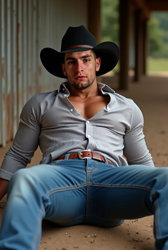 HD quality, high definition, male 18 years old handsome, muscular and slim, red lips, leaning against haystacks, ((exposed Vagina)), model with bracelets, dangled earrings and Necklace, sexy nude with shoes, ((male only)), wearing farmer’s hat and long boots, holding a rope, very handsome, wearing open vest, on a nippa hut, angry eyebrowse, mouth open