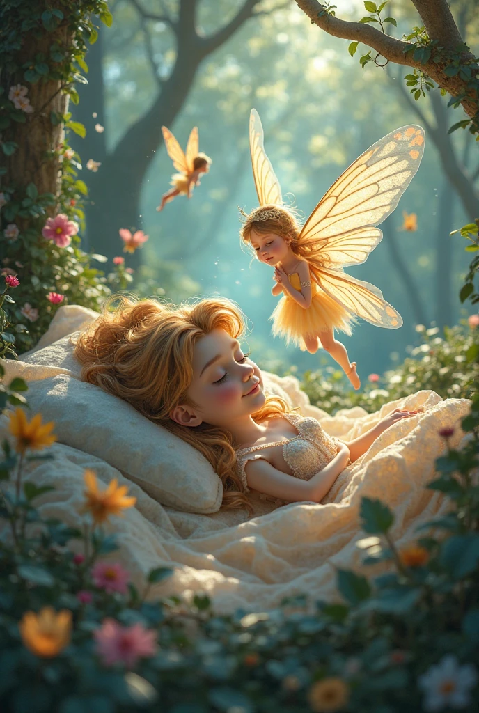 Realistic photography. Absolutely naked young girl with light skin and pink nipples on her chest. Light pink knee length hair with pink straight bangs on the forehead. The girl's eyes are green. There is a pink blush on the girl's face. Naked girl smiles beautifully. She has snow-white teeth.. She lies naked on the green lawn., behind the lawn there are thickets of banana leaves. Above the girl, absolutely naked children are also flying - a boy and a girl on butterfly wings. The boy has brown and curly hair., The naked boy's wings are transparent and blue. He is a little elf.. The naked girl has waist-length, chestnut-colored, curly hair., The naked girl's wings are transparent and pink. The girl is wearing only a long transparent skirt., and the rest of the body is naked. The girl holds a small silver bell in her hand, and rings it. Naked girl smilingly looks at flying elf children.