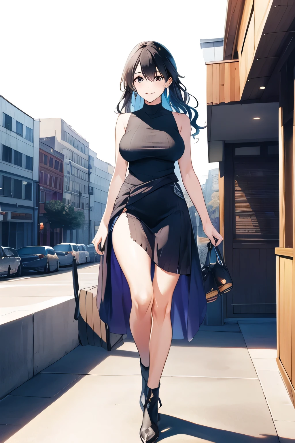 nice smiles,I'm drawing facial expressions。draw her expression more delicately，Faces are very important，can I draw a sleeveless dark blue long dress，Big Breastsでもウエストが細い，{{X}},can I draw her expression more delicately，walking alone，         city tour         ,，（（（She is dressed in a casual tourist style）））， I have a SLR camera  ,（Let's draw a more delicate look），（sleeveless wool sweater），（ Pleated Legs，white panties），（That work is enough for one person {X} draw the perfect balance to suppress destruction）、 That's enough，frown。unless the job requires it。 {X}、 ,    Attractive 40-year-old adult woman takes off her uniform,                         big black wavy hair, ,   Big Breasts, thin waist ， ,   ，