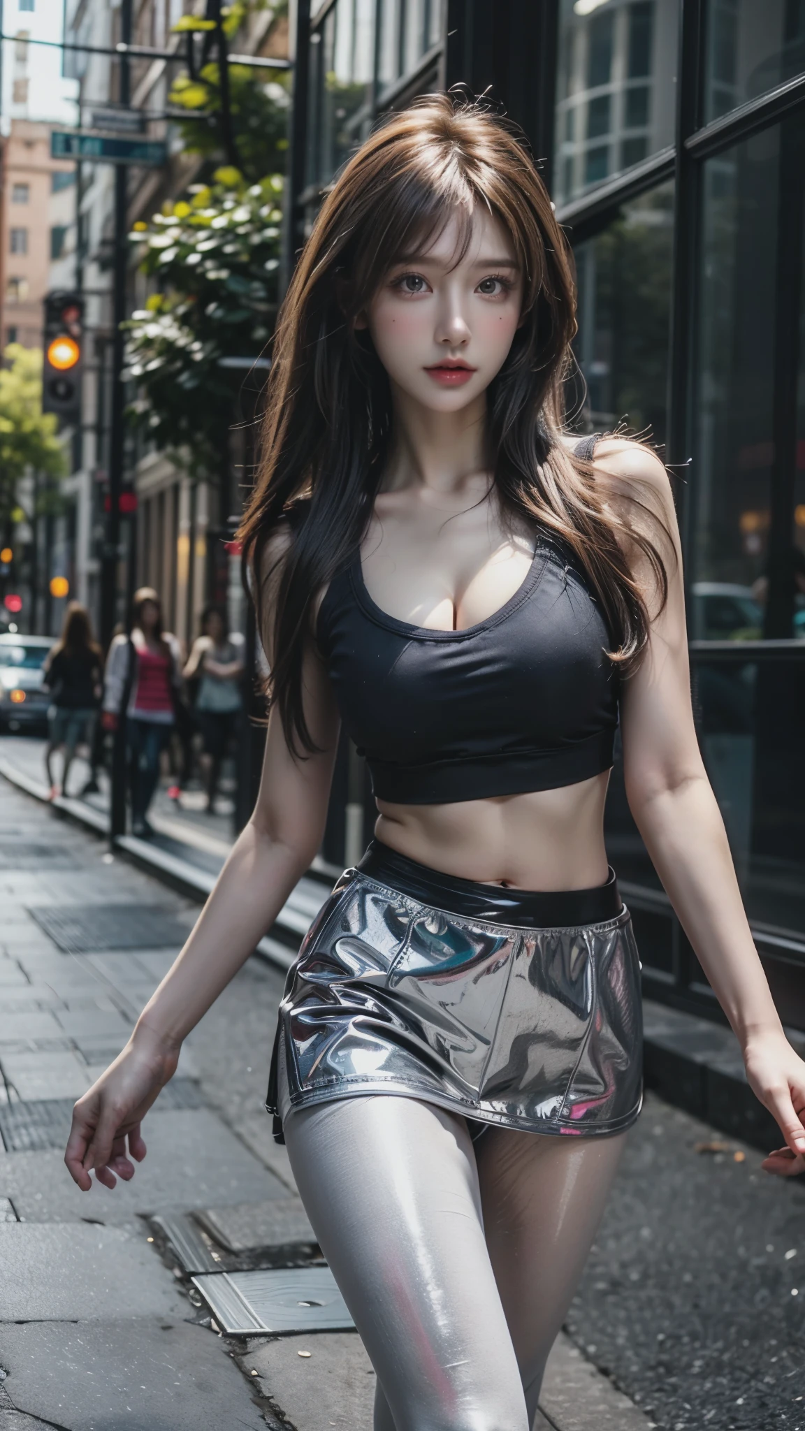 Masterpiece: 1.25, Best quality, High resolution:1.35, RAW photo:1.2, Photorealistic:1.37, Hyper-realistic, 16K, Original artwork, ((1girl)), Cute face, (Long eyelashes, detailed eyelashes), (eye shadows), (glowing eyes, realistic eyes), (Natural makeup, Clear facial features), (Curvy build, Slim body), Fine detailed beautiful eyes: 1.2, Happy Expression, Ulzzang, Fleshy thighs, Lustrous skin, Dynamic pose, Cowboy shot, (Crop top), Underboobs, Show armpits, Nipples, A cup, Photon maping, Cinematic lighting, symmetry, Elegance, standing at the street with buildings background