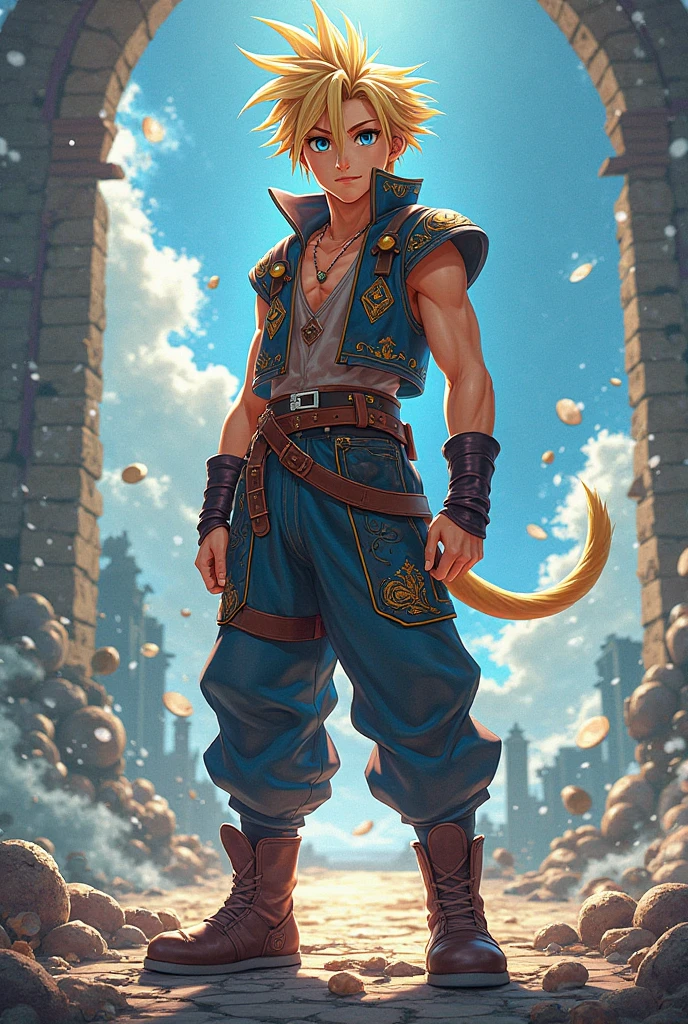 Aladdin, 20 years, cabello corto negro dorado oscuro, cabello corto desordenado, ojos marrones oscuro, ropa de djinn, chaleco abierto sin mangas plata claro, light silver vest with blue Arabic print, light red arabic pants, Golden Belt, pulsera djinn con gemas plateadas , botas marrones, tatuajes morados fosforescentes, rodeado de fuego y humo morado, muscular build of the delegate, manos atadas con cadenas y pies rodeados de cadenas blancas, purple magic circles in each hand on a background of arabic ruins.