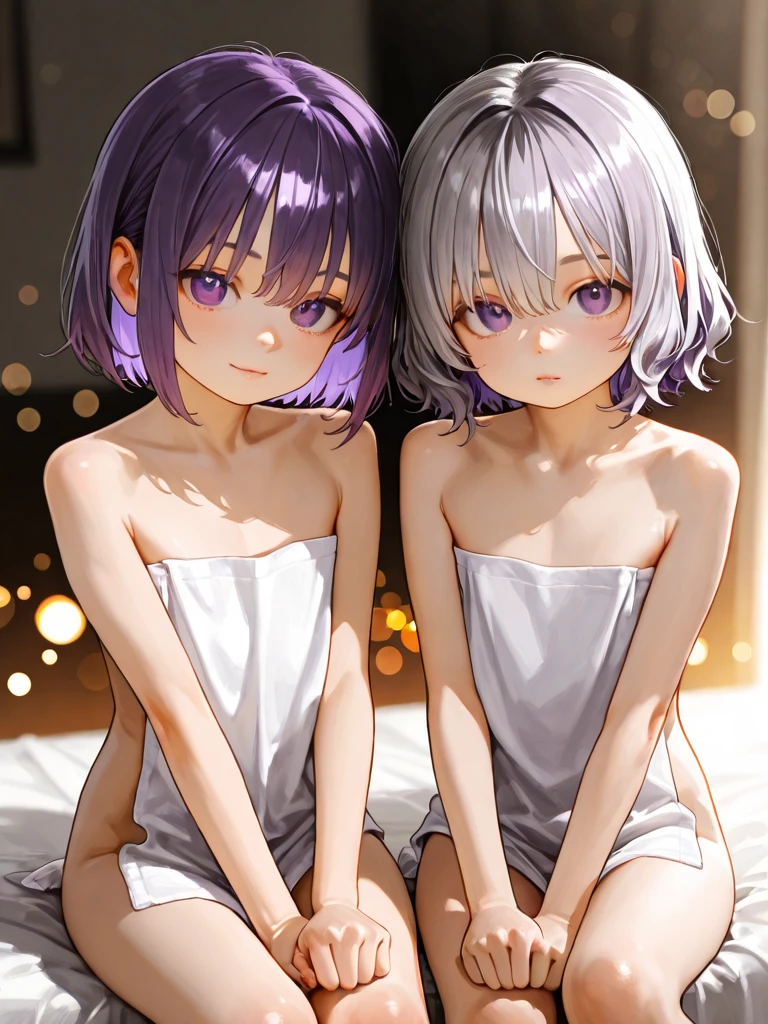 purple hair, rose eyes, short hair, naked, white background, smoll stature, chibi, flat cheast, flat tits, show pussy, naked, unclothed