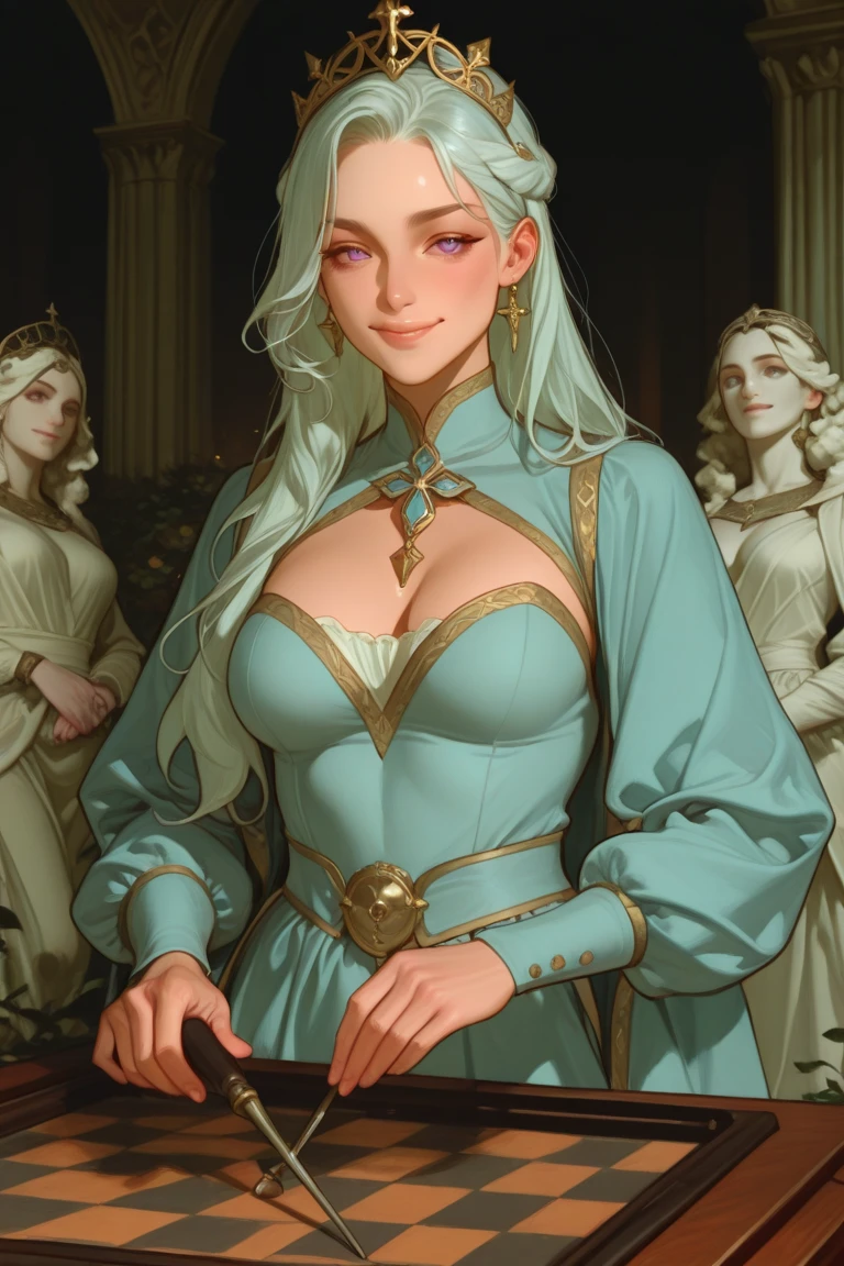 (extremely detailed CG octane render 8k wallpaper) (Detailed face:1.2), (Detailed eyes:1.2), (Detailed pupils:1.2), (detailed skin:1.3), (Textured skin, skin pores: 1.1), medieval setting, 1girl, solo, masterpiece best quality, 26 year old Scandinavian woman, beautiful face, Golden hair, bright blue eyes, pale skin, large breasts, dark blue dress, cleavage, exposed shoulders, silver tiara, white stash, a Full Shot body portrait, looking at the camera, full dynamic color, Intricate, High Detail, Sharp focus, dramatic, photorealistic painting art by greg rutkowski