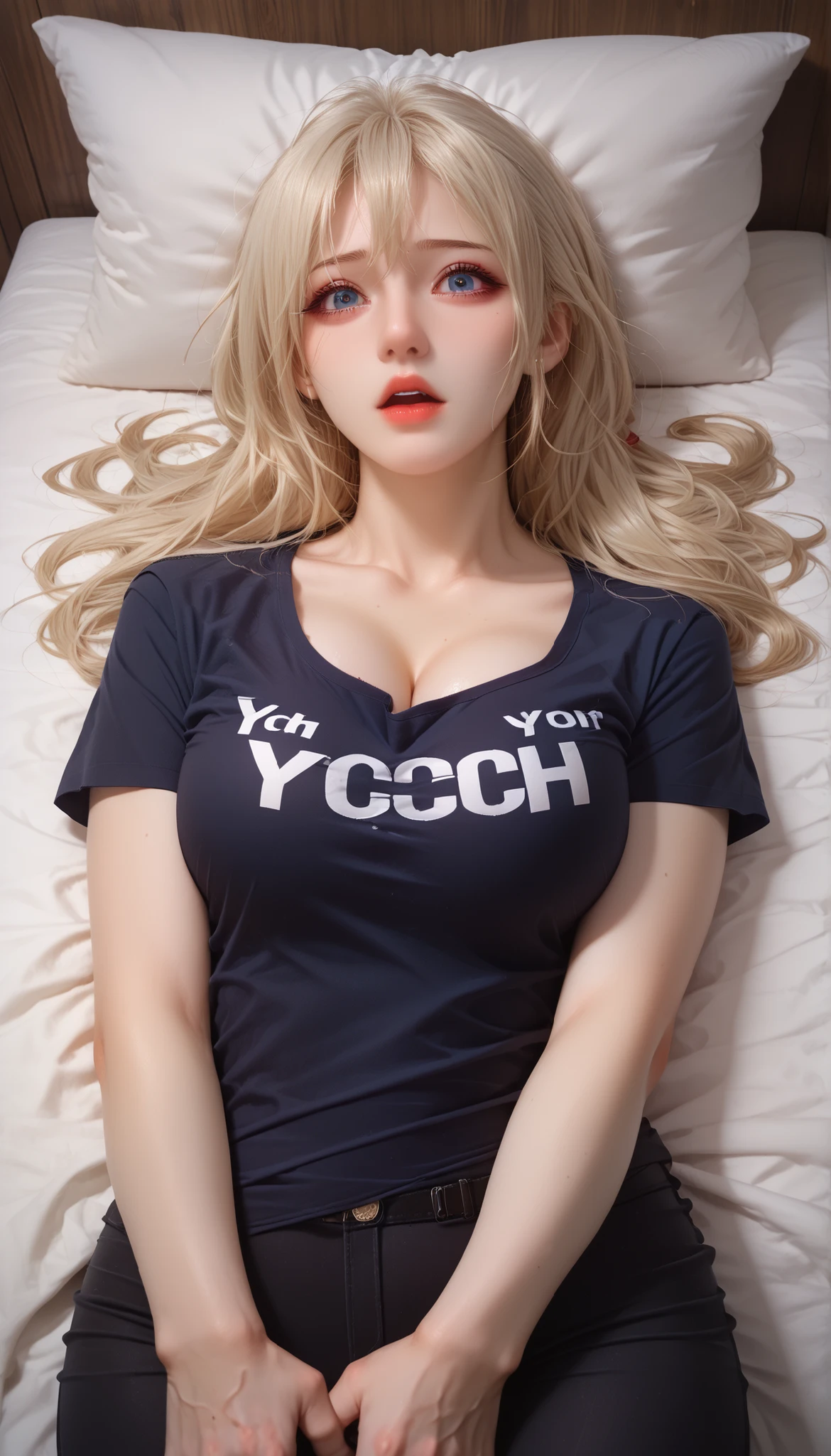 realisticlying、((Female, 48 years old))、(((Grab your own chest)))Strengthen your ace by wearing a dark blue T-shirt,Chest super large zoom,Cleavage emphasis,((The gaze looking down on you from the bed that crawls over everything,Red lips,A sexy,Bed sit,Open your mouth wide、Put your arms around the back of your head、Wearing underwear