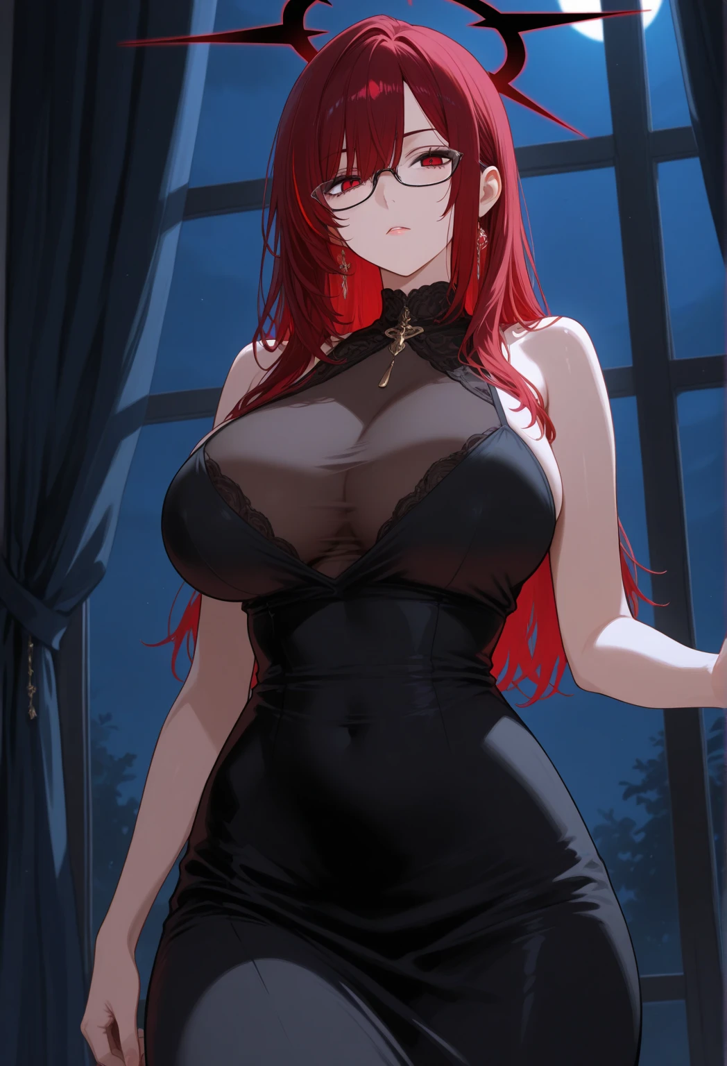 woman, green eyes, long red hair, bangs. she hair wavy. wear purple black jacket, arrogant, independent woman, thug. bad girl. intimidating women. background in mansion. mature woman. mafia. arrogant smile. in night