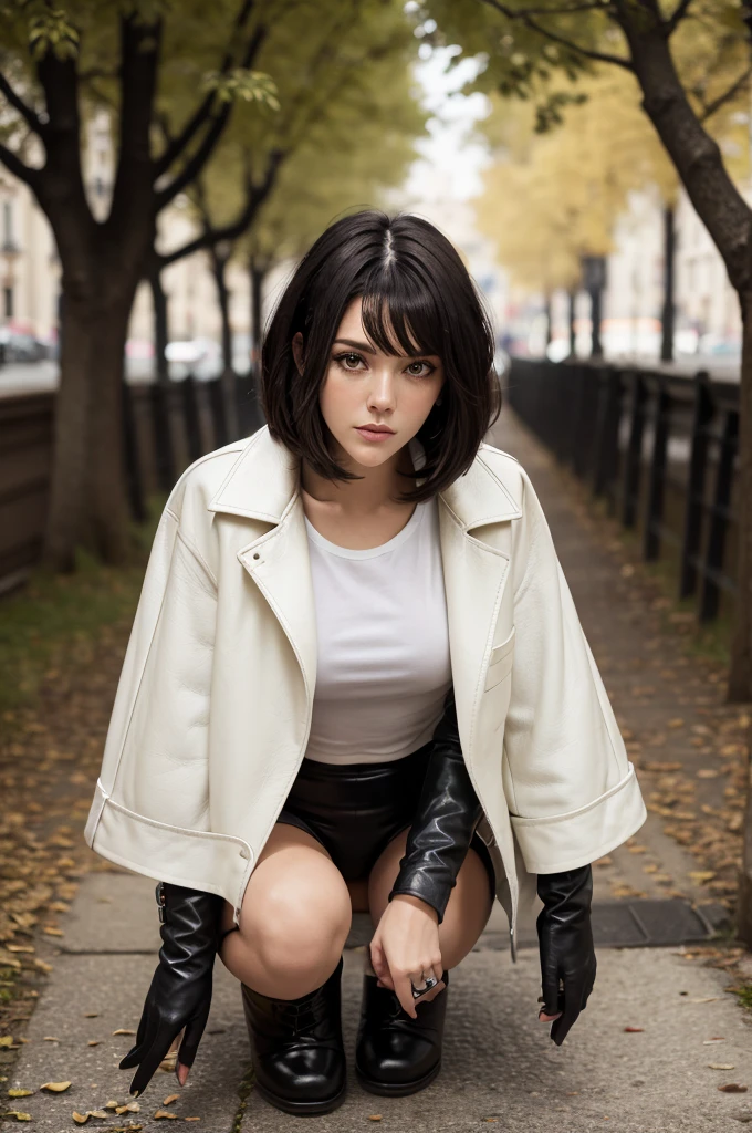 Charming girl with short hair brunette sitting on a white horse