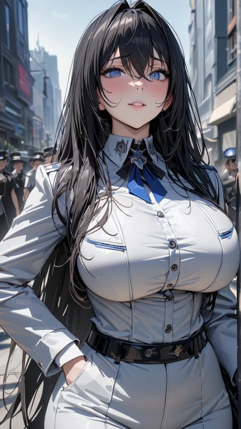 ((masutepiece:1.3)), 1girl solo, Eye focus, ((1girl in)), ((Solo)), Mature, Cowboy Shot, Beautiful detailed eyes, Expressive eyes, Clean eyelashes, ((shiny eyes)), (((Glossy eyes))), Reflective eyes, sparkly eyes, sparkle in eyes, 1girl in, annoyed, Dark blue police uniform, police, Cuffed, Holding handcuffs, policewoman, ((Facing:1.3)) ,uniform, Cuffs, Police Hat, gloves, Solo, thigh highs, fishnets thighhighs, Dark blue hat, neck tie, Skirt, breasts, blush, Black Gloves, blondehair, Semi-long hair, Blunt bangs, Bangs, Single thigh height, Belt bag, garter strap, Underwear, black necktie, Panties, Midriff, fish net, Looking at Viewer, Navel, Navy blue micro mini skirt, Large breasts, croptop, Navy blue shirt, High Leg Panties, Short sleeves, Shirt, Blue eyes, Miniskirt, Sweat, Summer, Walkway, Trees, city, boulevard