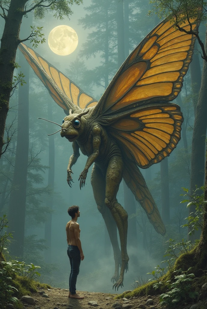 Big sized dragonfly beside a regular sized man in a forest
