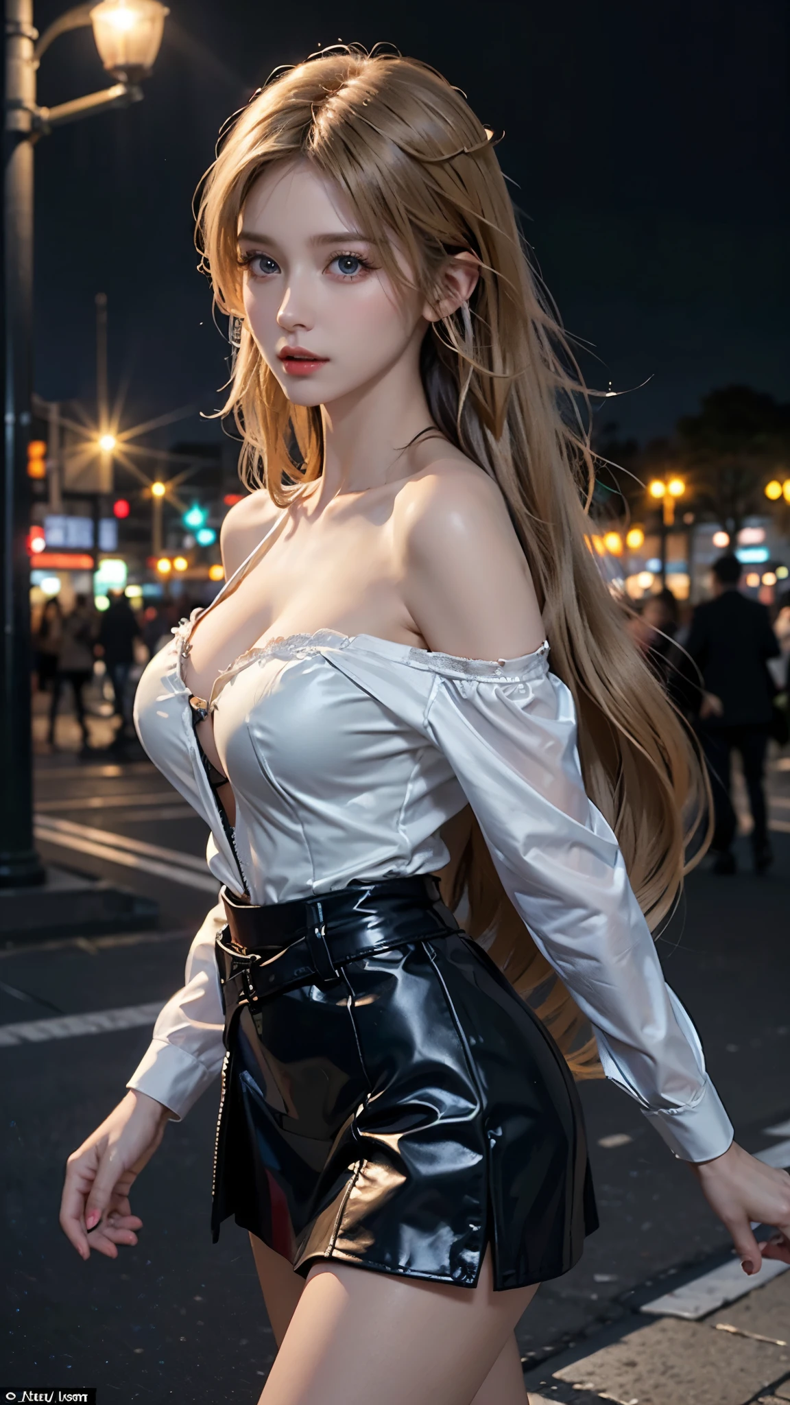 realistic, High resolution, soft light,1 female, alone, hip up, glowing skin, (detailed face),tattoo, jewelry, secretary clothes, white shirt, black skirt, black stockings, garter belt, night, blonde hair, wavy hair, Beautiful Soldier, Eyes that invite the viewer, spouse'point of view, attractive appearance, sexy smile, perfect style, perfect balance, fine skin, naughty look, I can see your breasts