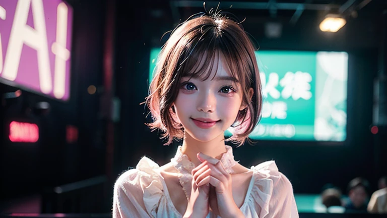 Best-quality, Masterpiece, Ultra-High-Resolution, (Photorealistic:1.4), Raw-Photo, 1girl, 15-years-old, the most popular Japanese idol, at bathroom, innocent-smile, (((extremely cute face like the most famous Japanese idol))), (((extremely beautiful big-solid-circle-eyes))), (((extremely beautiful black-short-cut-haired))), extremely beautiful skins, extremely beautiful long-eyelashes, extremely beautiful lips