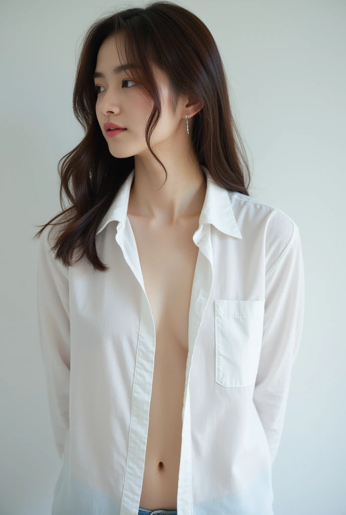 ((Highest quality, 8K, masterpiece :1.3)), Sharp focus :1.2, Beautiful woman with perfect figure :1.4, 1 Girl,Slim Abs :1.2, ((Dark brown hair,chest :1.2)), (White long formal shirt)(Unbutton your shirt.), Gray background:1.2, Highly detailed face and skin texture, fine grain, double eyelid,Beautiful Hands，Five Fingers,Fashion model posing,Full body portrait,Cowboy Shot,jeans,Cast a Shadow,
