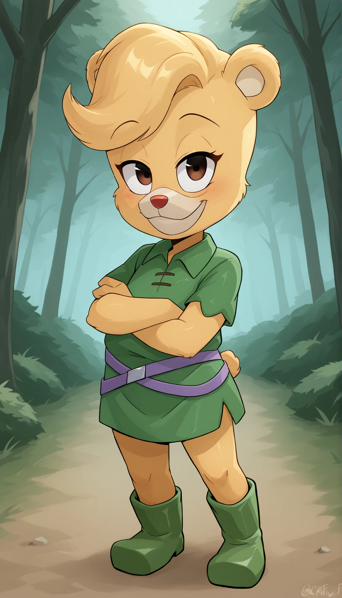 score_9, score_8_up, score_7_up, (masterpiece, best quality, very aesthetic, absurdres, source furry, artist:sakura, shaded,) 1girl, bear, furry female, Sunni Gummi, young, brown eyes, looking at viewer, smile, blush, blonde hair, messy bangs, bear features, bear ears, bear tail, yellow body fur, red animal nose, ((green tunic, green boots, buckled waistband)), forest on background, standing, sassy face, presenting front, anime style, glistering body, navel, shiny body, oily skin, sexy, full body, 