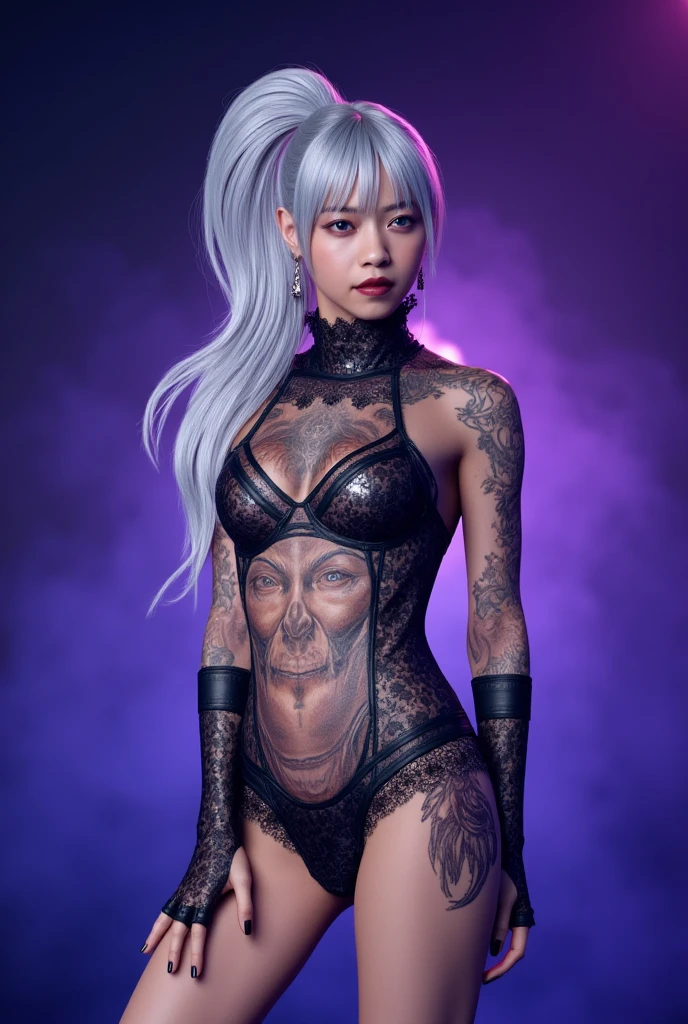 full body, standing, WHITE and BLACK skin, HUMAN FEMALE, 1girl, mature, purple eyes, white hair, black bikini, abs, big knockers, tatter rags, chain collar, stomach tattoo (red tattoo)