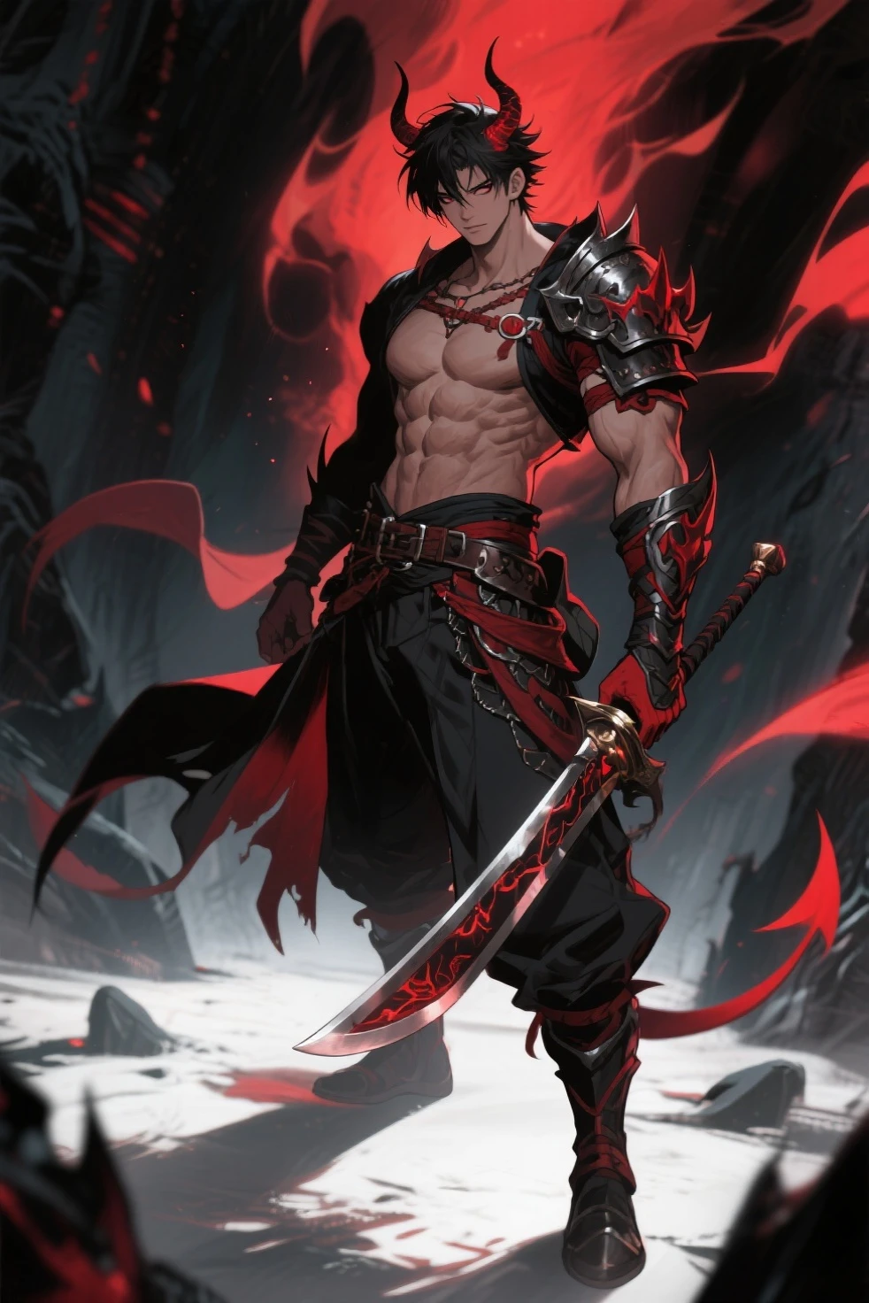 Masterpiece quality, 8K , well crafted details, man , muscular build, In the background , red spots , Black background , Behind the character there is the inscription Berserk , With a sword on his back , 