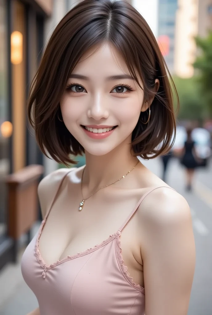 (8k, RAW Photos, highest quality, masterpiece, Realistic, Realistic), (1 female), (Ultimate beauty), Highly detailed face, (Perfect Teeth), Beautiful Eyes, double eyelid, eyelash, smile, Lip details, (Neat brunette bob), The light shines on your face, Big Breasts, ((Colorful mini dresses)), (Front view), (background: none),  Background blur