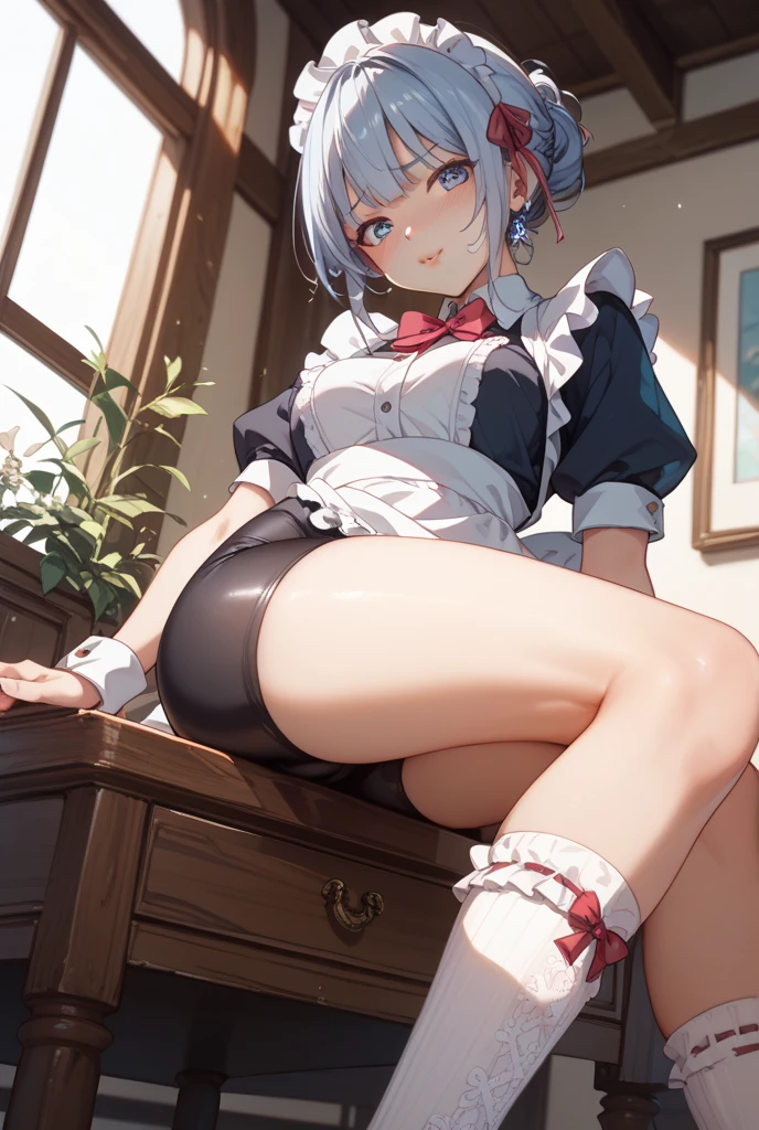 (Photorealistic:1.8, Highest quality:1.8,8K masterpiece:1.8,High resolution,Mastepiece:1.8,RAW Photos,Cinematic lighting、lighting from behind),No split screen、morning、maid Cafe、(1 female shop assistant)、(Soryu Asuka Langley)、Knee Shot、Angle from below、
(choker、Medium chest、Beautiful hair ornament、Maid clotheexy uniform showing the underside of the chest)、(((Underboob)))、Bust Shot、(cameltoe)、
(short hair、Beautiful, shining silver hair:1.5)、Beautiful and detailed blue eyes、Beautiful lip、Detailed correct finger、Realistic:1.3、Open mouth smiling、looks fun、holding a coffee cup、Random Pause