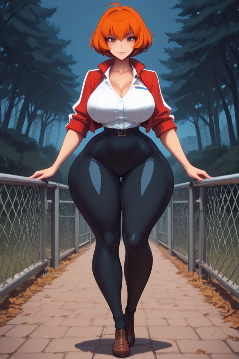 Pretty Caucasian (female), Sarah Shahi, a slim but muscular body, wearing a T-shirt that shows her underboob, smile, at forest, rain, wearing low rise leggings, sneakers, huge perky breasts, thick thighs, curvy figure, sitting on ground, legs wide open , red outfit 